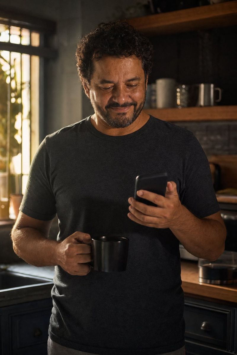 Dono de café lendo uma mensagem no celular de manhã cedo, na cozinha de casa